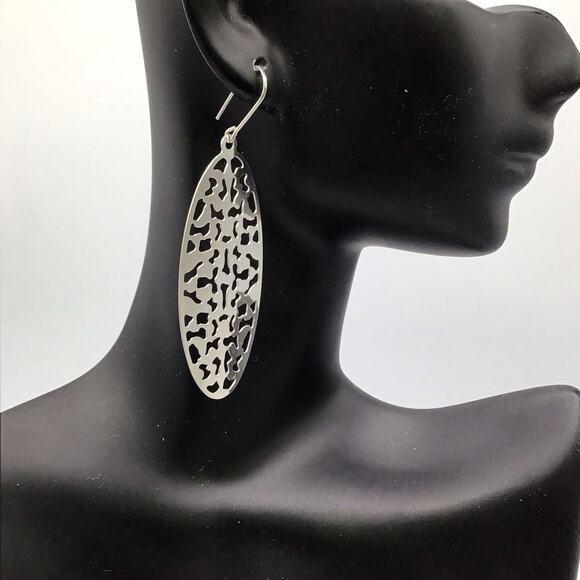 Sterling Silver Oval Cutout Dangle Earrings Hook 5.3g Modern Abstract Design - Picture 5 of 15